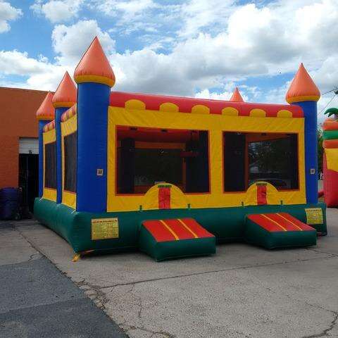 Castle bounce house set up indoors